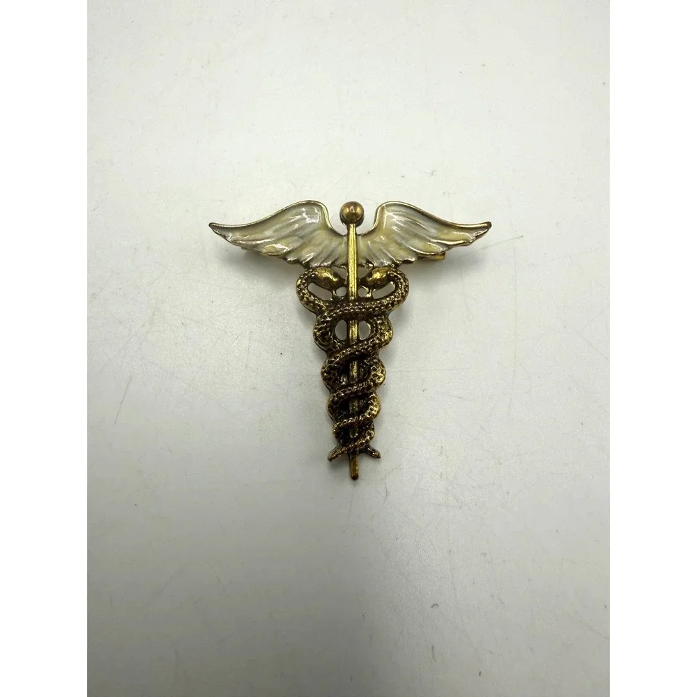 Vintage Caduceus Medical Symbol Brooch Pin Gold Tone Enamel Nurse Doctor Gift